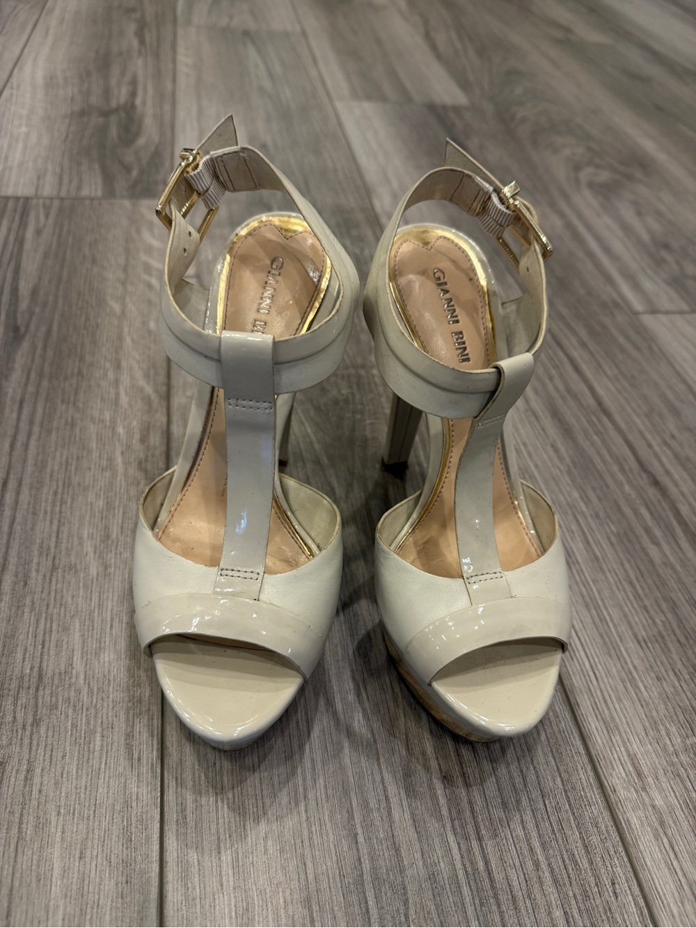 Gianni Bini Ivory Patent T-Strap High Heels